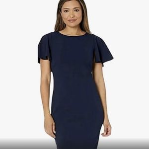 Calvin Klein Black Ruffle Flutter Sleeve Sheath Dress with on Seam Pocke…